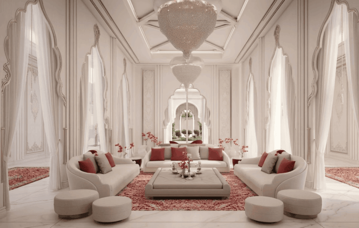 Plush White Arabic Majlis Design with Red Accents