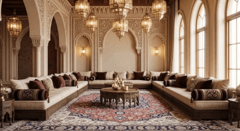 Warm Traditional Arabic Majlis Design with Ornate Archways