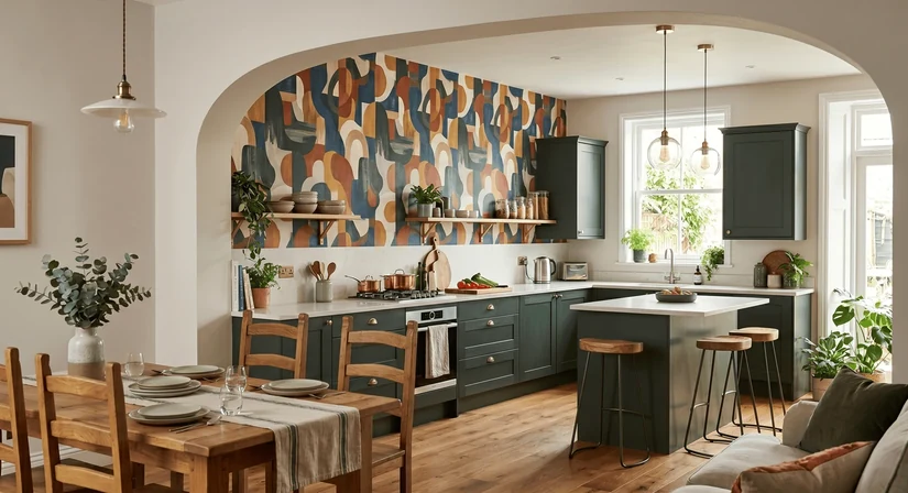 abstract kitchen wallpaper design framing an arched open plan kitchen and dining area