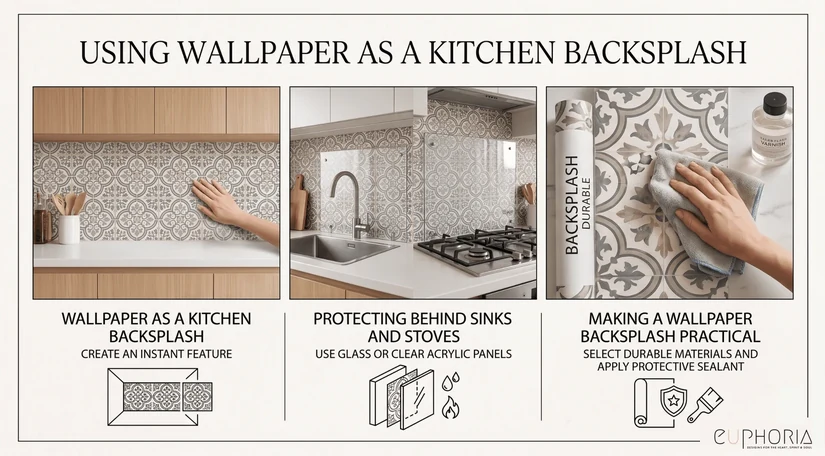 using kitchen wallpaper as a backsplash with clear protective panels near the sink