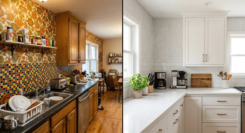 busy kitchen wallpaper next to a calm white kitchen showing common mistakes