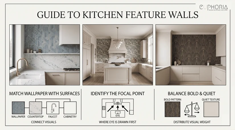 guide to kitchen wallpaper feature walls matched to surfaces and focal points
