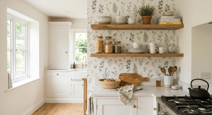white cabinets softened by floral wallpaper for kitchen walls behind open shelves