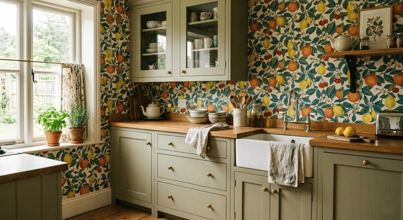vintage kitchen wallpaper with a bold fruit print around sage green cabinets