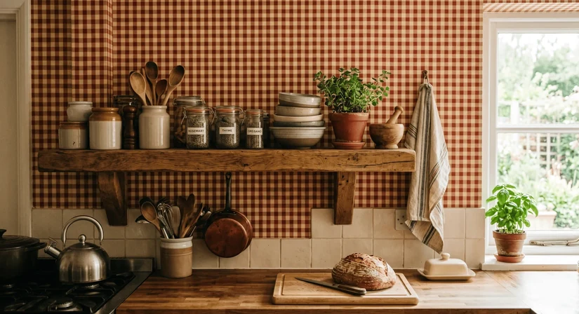 country kitchen wallpaper in a rust gingham check above a wooden shelf