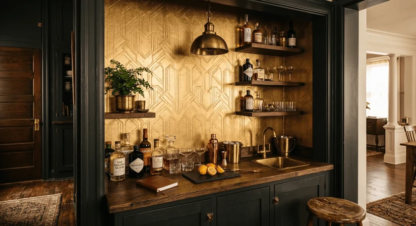 metallic gold kitchen wallpaper lighting up a dark home bar nook