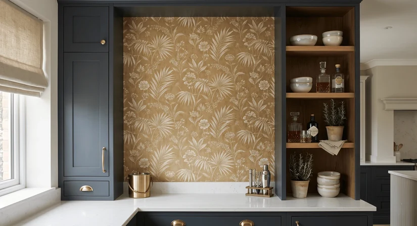 gold palm kitchen wallpaper framed between navy cabinets for an expensive look