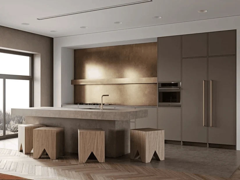 gold toned modern kitchen wallpaper panel behind a stone island