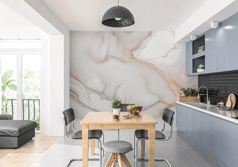 soft marble mural kitchen wallpaper in a luxury villa dining kitchen