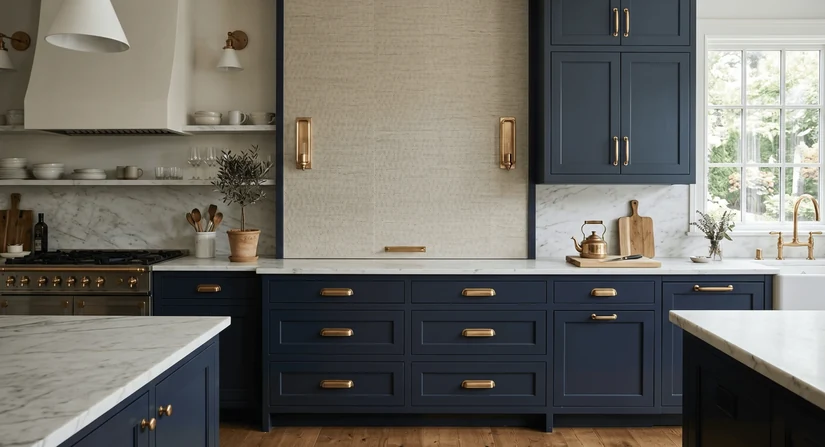 luxury kitchen wallpaper with a soft texture above navy cabinets and brass handles