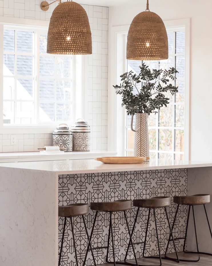 best kitchen wallpaper for a family kitchen with a patterned island and rattan pendants