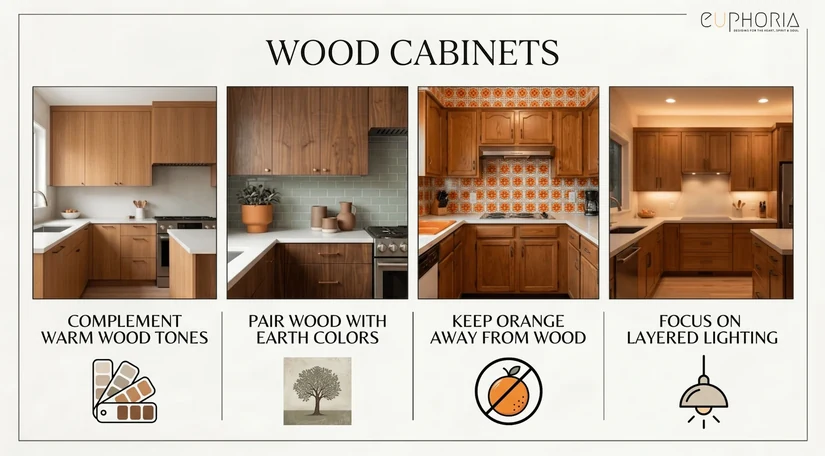 kitchen wallpaper that complements warm wood cabinets with earthy colours
